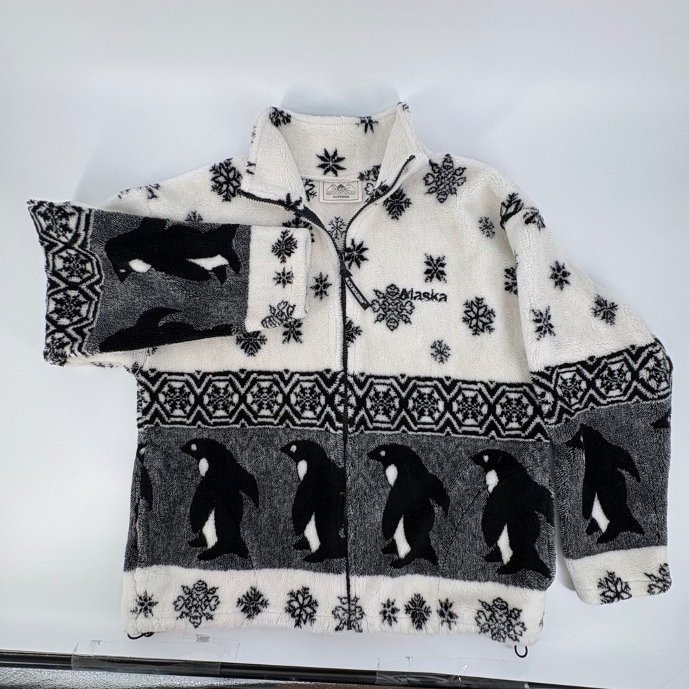 Black Mountain Fleece Jacket Womens XL White Penguin Snowflake Alaska Zip Up - Picture 2 of 9